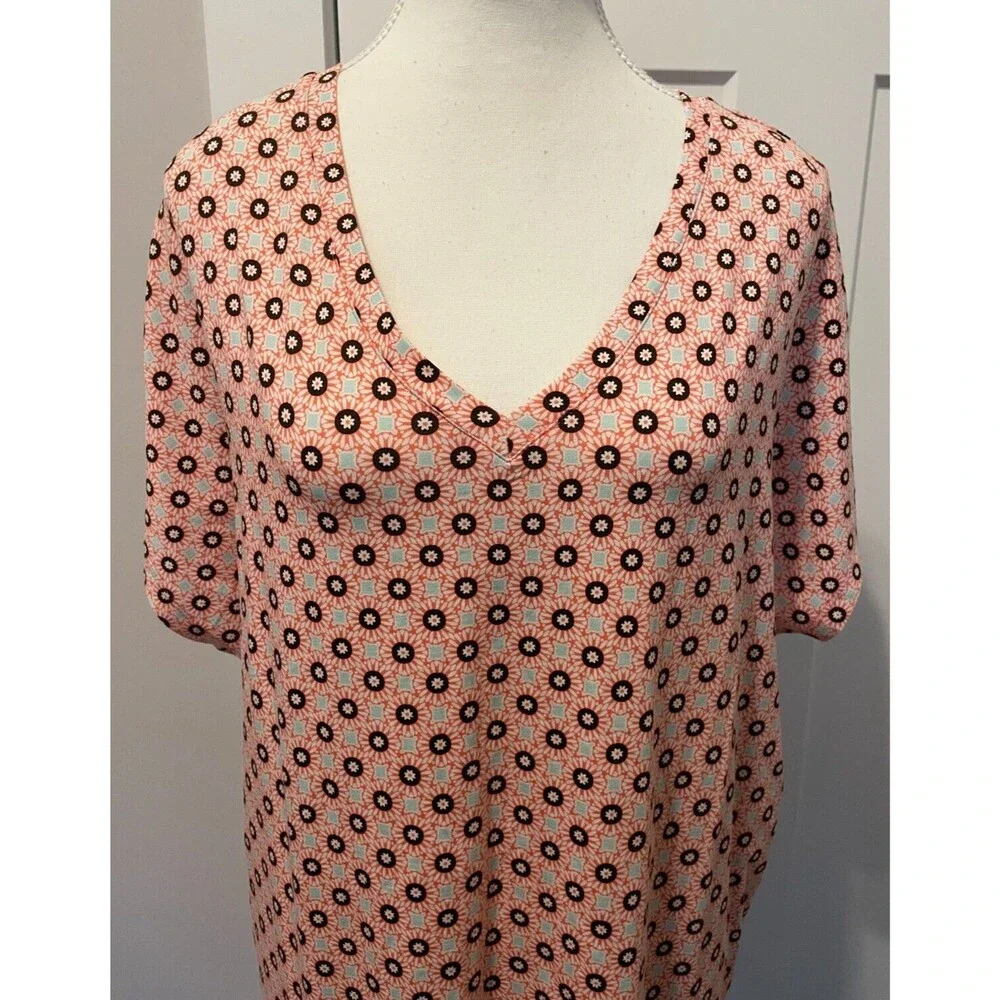 LANDS END Womens Knit TOP Short Sleeve ORANGE Blue V-Neck Size XL 18 NWT